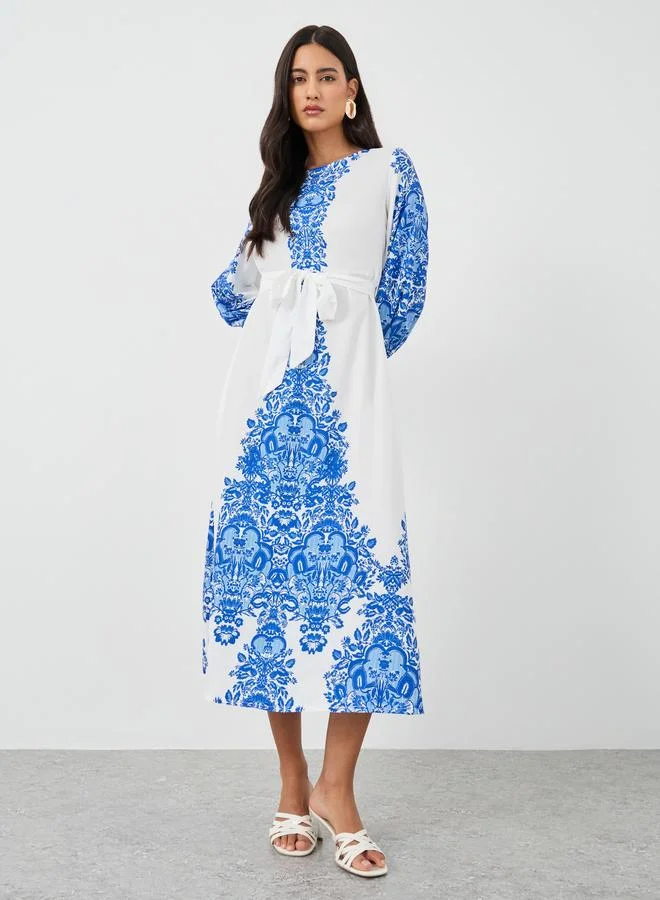 Take Two Take Two Floral Print Tie Waist Round Neck Maxi Dress