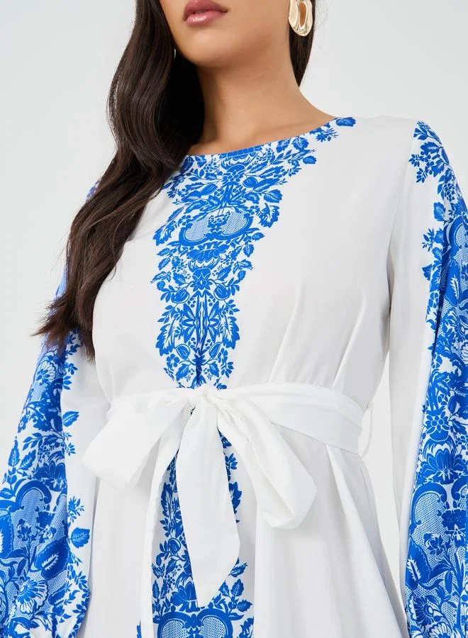 Take Two Take Two Floral Print Tie Waist Round Neck Maxi Dress