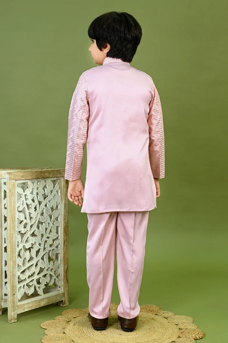 BT DEZINES Boys Satin Zigzag Sequined Sherwani & Pants Set