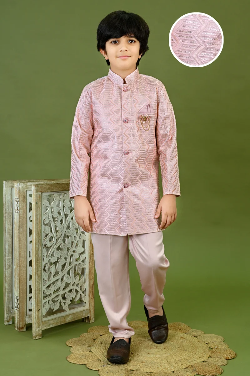 BT DEZINES Boys Satin Zigzag Sequined Sherwani & Pants Set