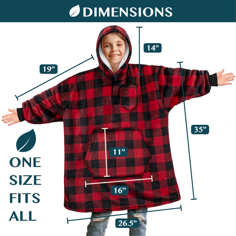 PAVILIA PAVILIA Wearable Blanket Sweatshirt Kids Boy Girl  Warm Cozy Giant Hoodie with Big Pocket and Long Sleeves  Fleece Sherpa Oversized Hooded Blanket Pullover Gift for Teens Youths  Checker Red  - Image 4