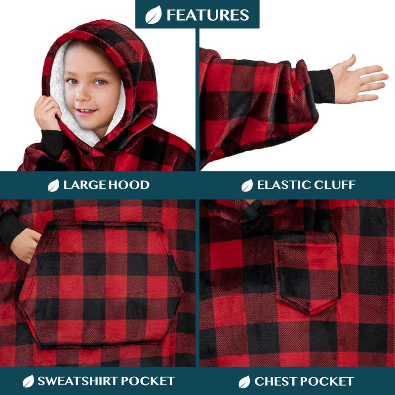 PAVILIA PAVILIA Wearable Blanket Sweatshirt Kids Boy Girl  Warm Cozy Giant Hoodie with Big Pocket and Long Sleeves  Fleece Sherpa Oversized Hooded Blanket Pullover Gift for Teens Youths  Checker Red  - Image 2