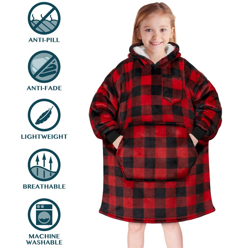 PAVILIA PAVILIA Wearable Blanket Sweatshirt Kids Boy Girl  Warm Cozy Giant Hoodie with Big Pocket and Long Sleeves  Fleece Sherpa Oversized Hooded Blanket Pullover Gift for Teens Youths  Checker Red  - Image 5