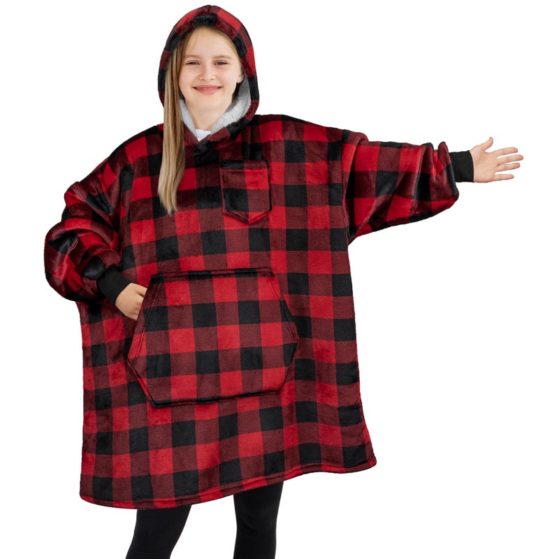 PAVILIA PAVILIA Wearable Blanket Sweatshirt Kids Boy Girl  Warm Cozy Giant Hoodie with Big Pocket and Long Sleeves  Fleece Sherpa Oversized Hooded Blanket Pullover Gift for Teens Youths  Checker Red  - Image 1