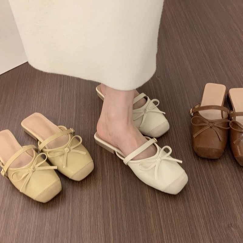 French Flat Mule Shoes with Bow, Square Toe, Slip-on for Women - Image 1