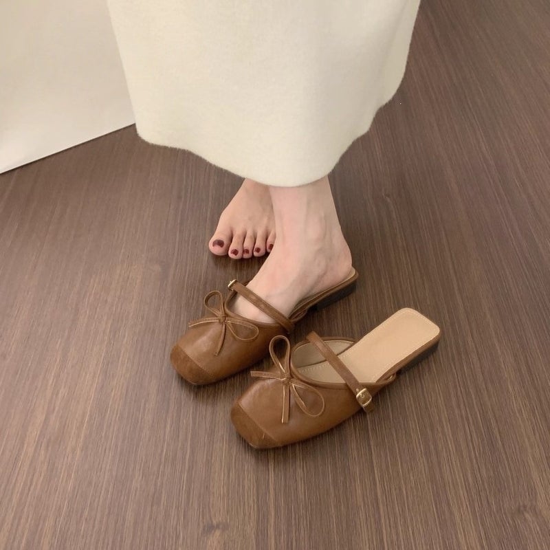 French Flat Mule Shoes with Bow, Square Toe, Slip-on for Women - Image 4