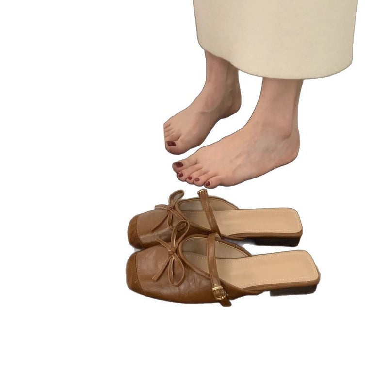 French Flat Mule Shoes with Bow, Square Toe, Slip-on for Women - Image 5
