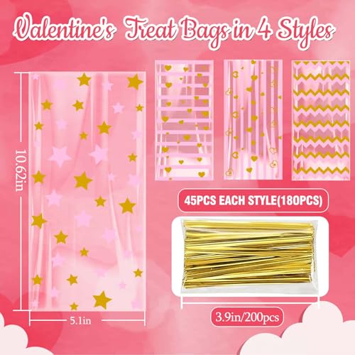 ONFAON Valentines Bags - 180pcs Valentines Goodie Bags with 200pcs Twists for Snacks Cookies Candy Packing, Cellophane Treat Bags for Classroom Parties, Kids, Coworkers - Image 3