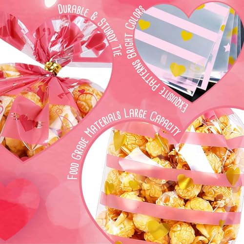 ONFAON Valentines Bags - 180pcs Valentines Goodie Bags with 200pcs Twists for Snacks Cookies Candy Packing, Cellophane Treat Bags for Classroom Parties, Kids, Coworkers - Image 5