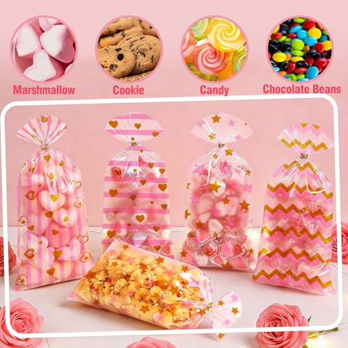 ONFAON Valentines Bags - 180pcs Valentines Goodie Bags with 200pcs Twists for Snacks Cookies Candy Packing, Cellophane Treat Bags for Classroom Parties, Kids, Coworkers - Image 4