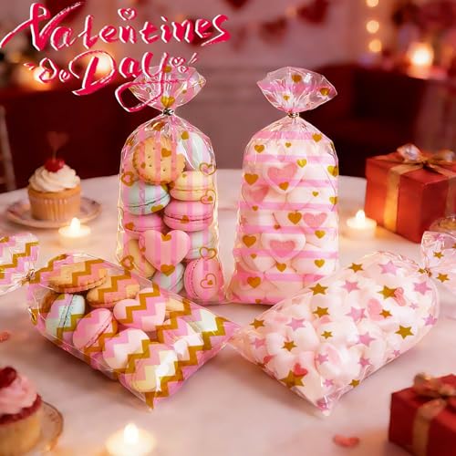 ONFAON Valentines Bags - 180pcs Valentines Goodie Bags with 200pcs Twists for Snacks Cookies Candy Packing, Cellophane Treat Bags for Classroom Parties, Kids, Coworkers - Image 2