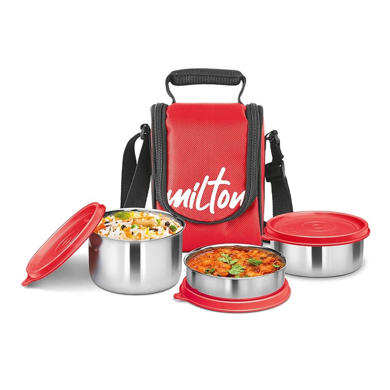 Milton MILTON Tasty 4 Lunch Box with Insulated Fabric Jacket, 4 Stainless Steel Containers (200 ml, 320 ml, 500 ml), Leak-Proof Tiffin for Office, College, Picnic, Red  - Image 1