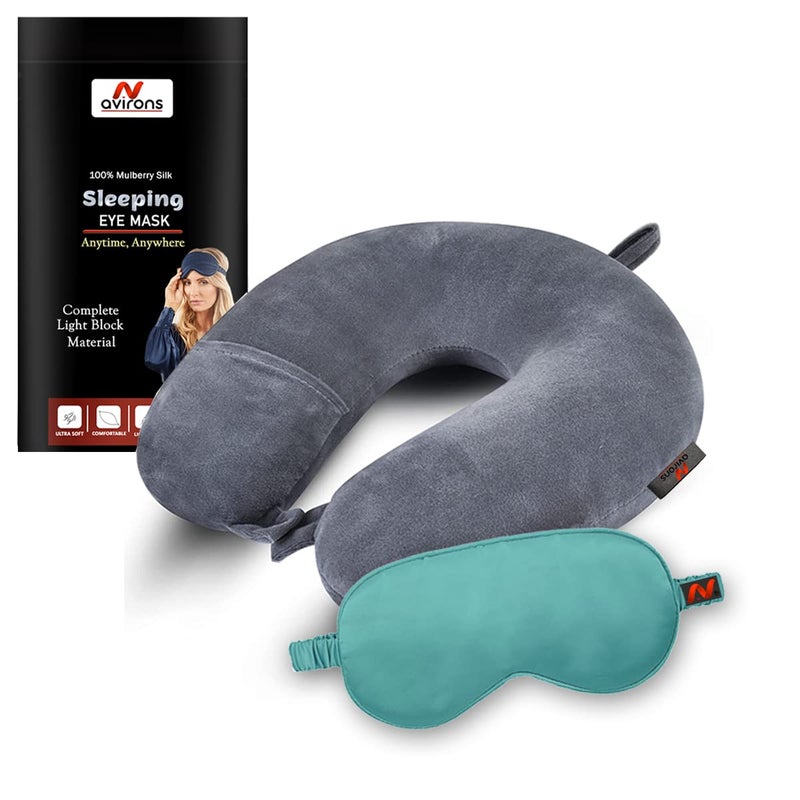 Avirons Avirons Travel Neck Pillow with Sleep Eye Mask Combo for Men Women and Kids for Flight Car Train and Bus Premium Fabric Light Weight Comfortable Super Soft Adjustable Pack of 2 - Image 1