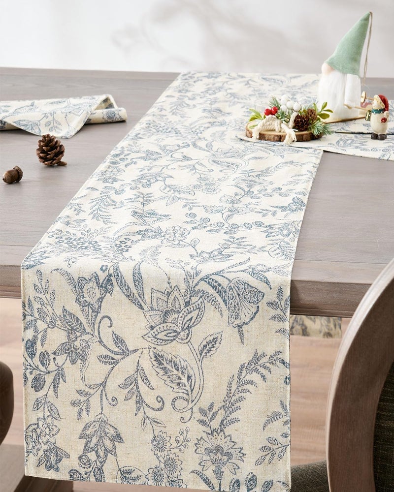 jinchan Spring Table Runner Linen Farmhouse Table Cloth Blue Floral Decorative Table Runners 72 Inch Botanic Printed Burlap Handcrafted Flax Coffee Table Decor 1 Panel Blue on Beige - Image 2