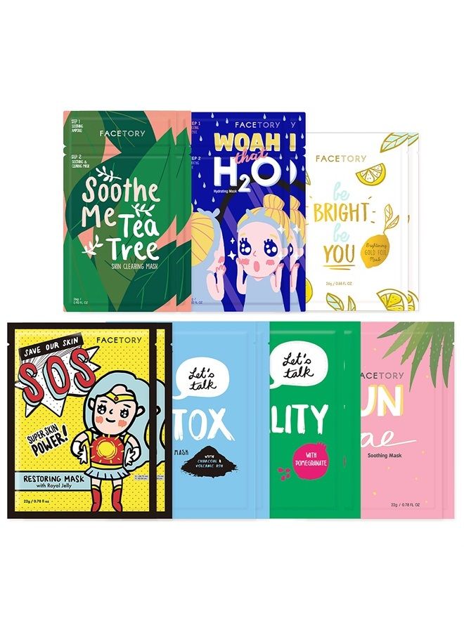 FACETORY Best of Seven Facial Masks Collection (14 Count) - Hydrate, Radiance Boost, Soothe, Revitalize, Nourish, Purify Skin - For All Skin Types, Variety Pack - Image 1