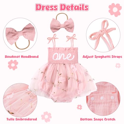 HONGTEYA Baby Girl 1st Birthday Outfit Girl First Birthday Clothes One Year Old Gifts Lace Romper Tulle Summer Newborn Dress (US, Age, 12 Months, 18 Months, Light Pink) - Image 3
