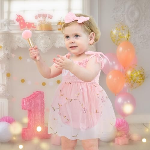 HONGTEYA Baby Girl 1st Birthday Outfit Girl First Birthday Clothes One Year Old Gifts Lace Romper Tulle Summer Newborn Dress (US, Age, 12 Months, 18 Months, Light Pink) - Image 2