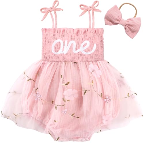HONGTEYA Baby Girl 1st Birthday Outfit Girl First Birthday Clothes One Year Old Gifts Lace Romper Tulle Summer Newborn Dress (US, Age, 12 Months, 18 Months, Light Pink) - Image 1