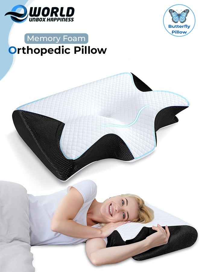 Eworld 2-in-1 Memory Foam Cervical Pillow, Orthopedic Contour Pillow for Neck Pain Relief, Ergonomic Support for Side, Back, and Stomach Sleepers, Black - Image 1