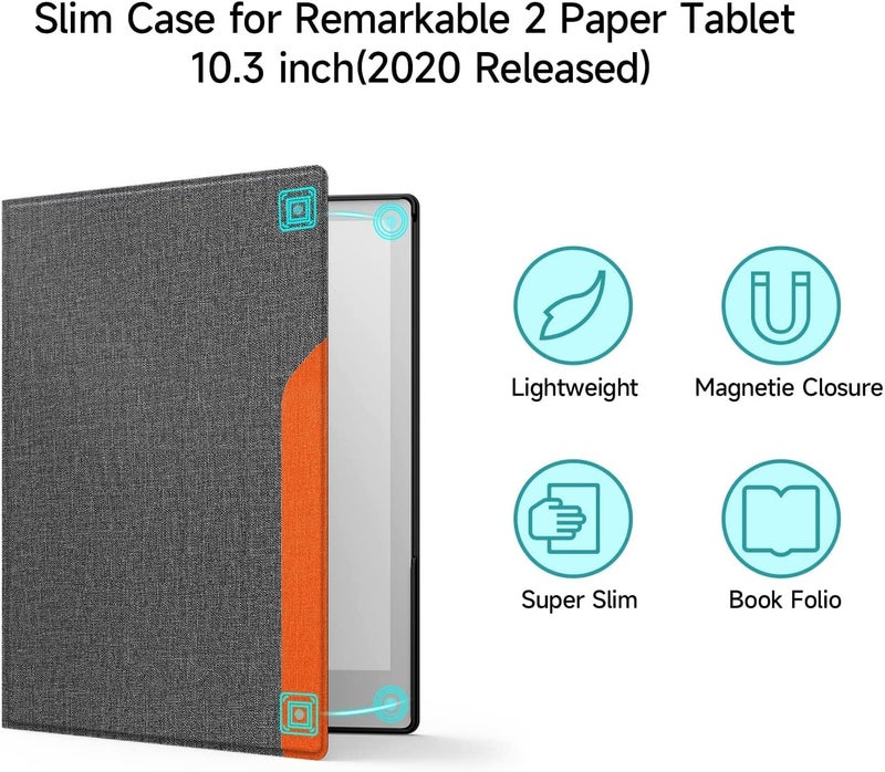 Ayotu Case for Remarkable 2 Paper Tablet 10.3" 2020 Released, Fabric Folio Cover with Pen Pocket, Stable Stand Design, Gray & Orange (Exclusive Templates Provided) - Image 2