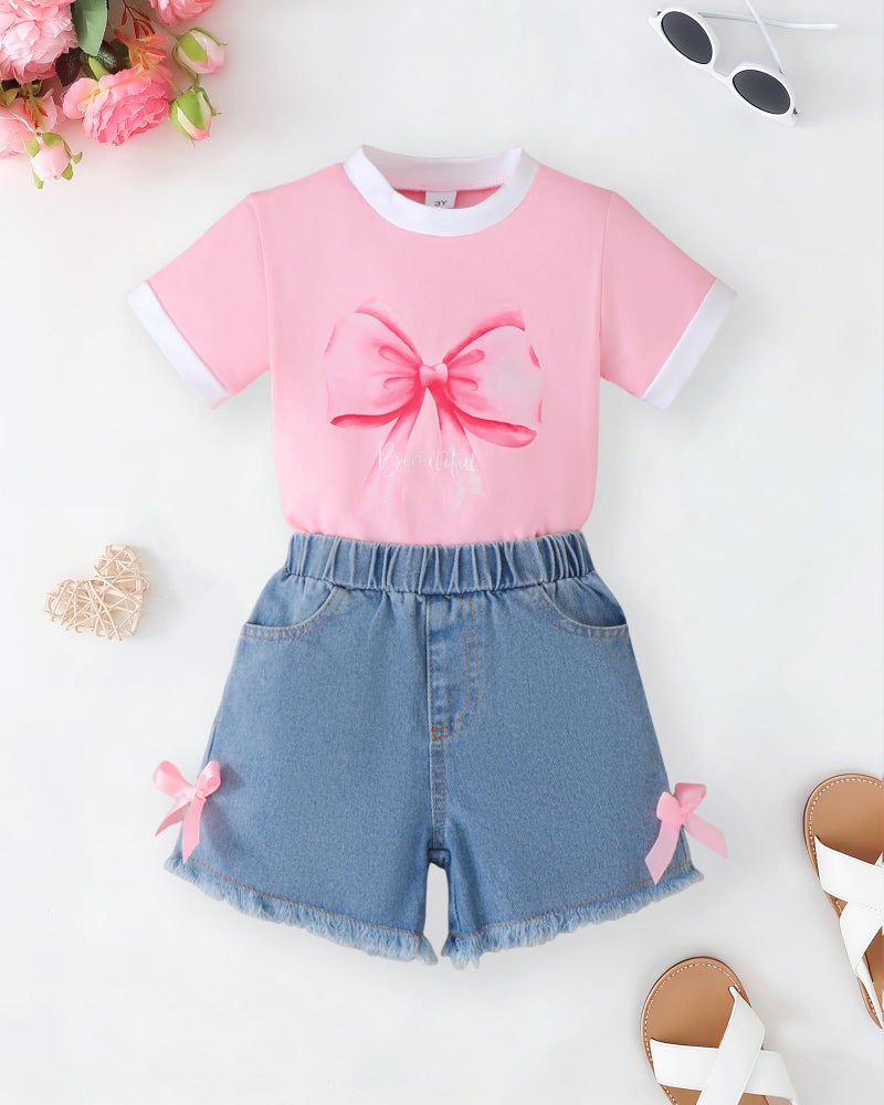 Jecson Girls Clothes Summer Cotton Bowknot Print T-Shirt and Jeans Shorts Set Casual Girls 2 Piece Outfits Sets - Image 3