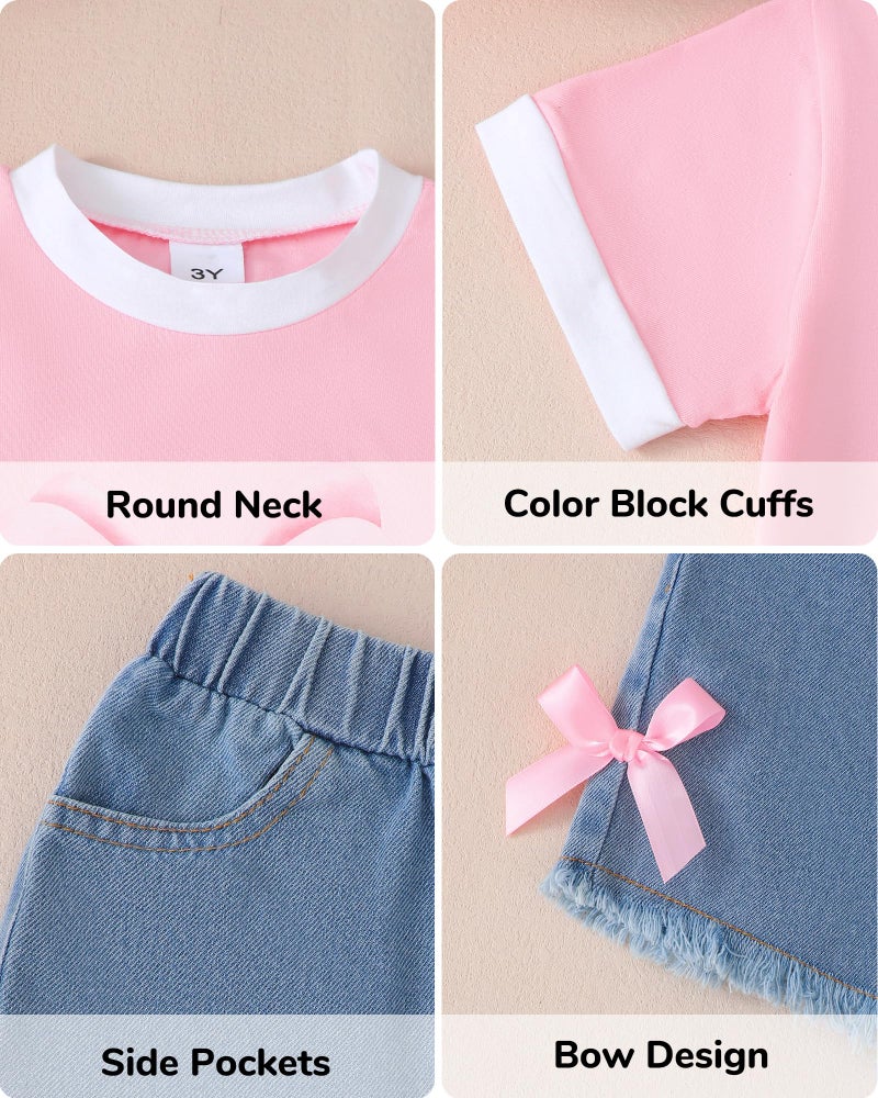 Jecson Girls Clothes Summer Cotton Bowknot Print T-Shirt and Jeans Shorts Set Casual Girls 2 Piece Outfits Sets - Image 4