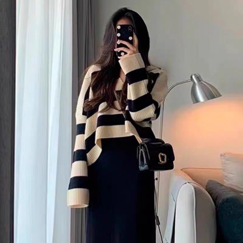 Autumn and winter New plus size womens clothing royal sister light familiar sweater dress slightly fat sister MM slimming meat covering two-piece suit Striped top