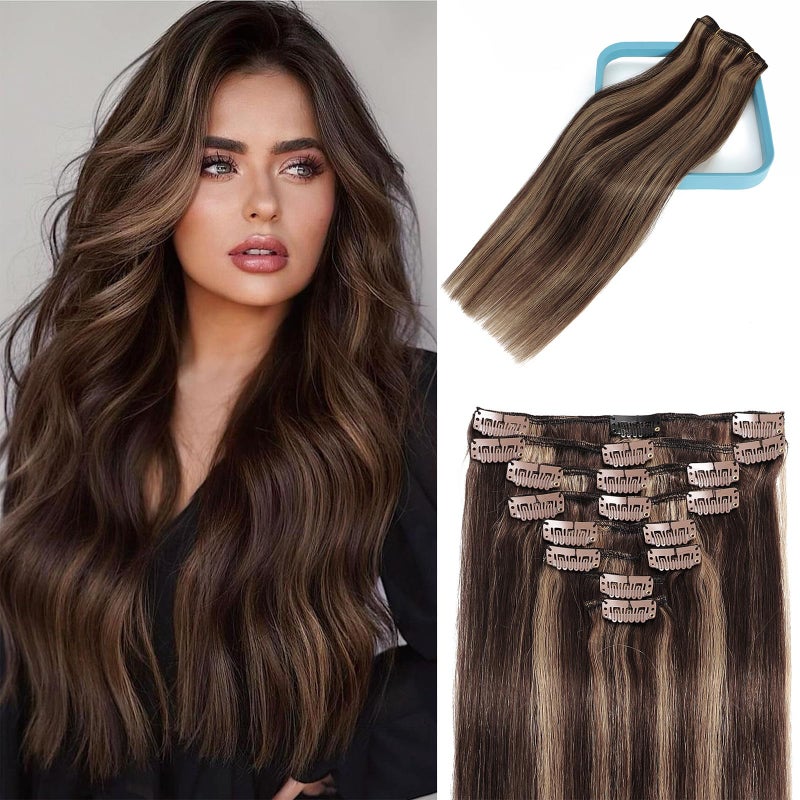 LORIEN Clip in Hair Extensions Real Human Hair Clip in 100 Brazilian Remy Human Hair Extensions 8pcs Per Set with 18 Clips Double Weft 18 Inch 100g 26 Dark Brown to Chestnut Brown - Image 2