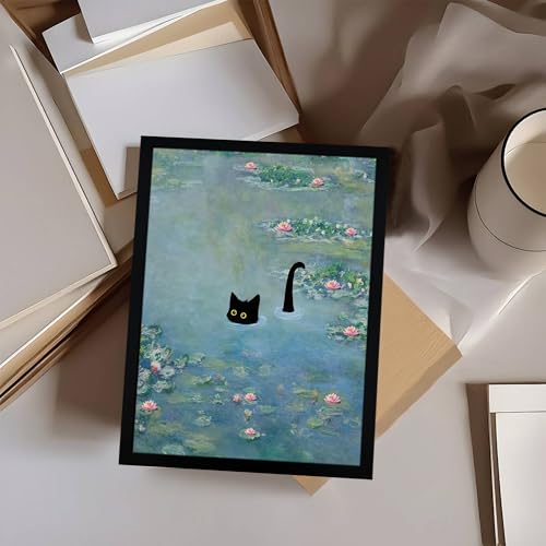Fantasy Artists Monet Water Lilies Cat Wall Art, Framed Vintage Canvas Art Wall Decor, Funny Black Cat Posters Prints for Bathroom Bedroom Living Room Home Office Decorations 8" Wide X 10" Height - Image 3