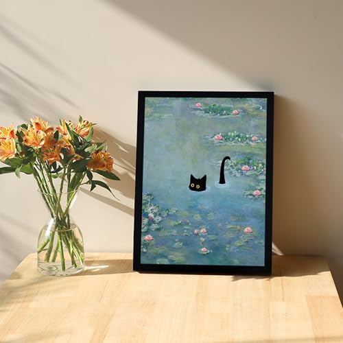 Fantasy Artists Monet Water Lilies Cat Wall Art, Framed Vintage Canvas Art Wall Decor, Funny Black Cat Posters Prints for Bathroom Bedroom Living Room Home Office Decorations 8" Wide X 10" Height - Image 2