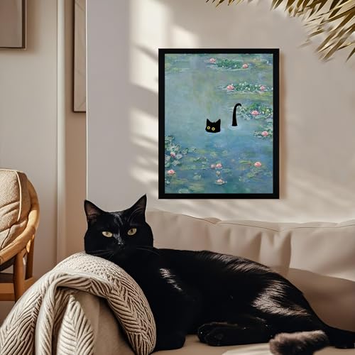 Fantasy Artists Monet Water Lilies Cat Wall Art, Framed Vintage Canvas Art Wall Decor, Funny Black Cat Posters Prints for Bathroom Bedroom Living Room Home Office Decorations 8" Wide X 10" Height - Image 5