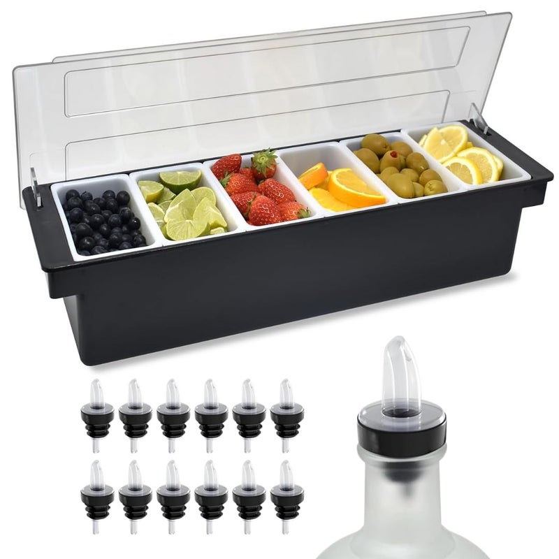 Esatto Bar Products Condiment Holder with 61 Pint Inserts Black Keeps Fruit and Berries Fresher Longer Additional 12 Pourers 12 Pourer Covers 1 Muddler