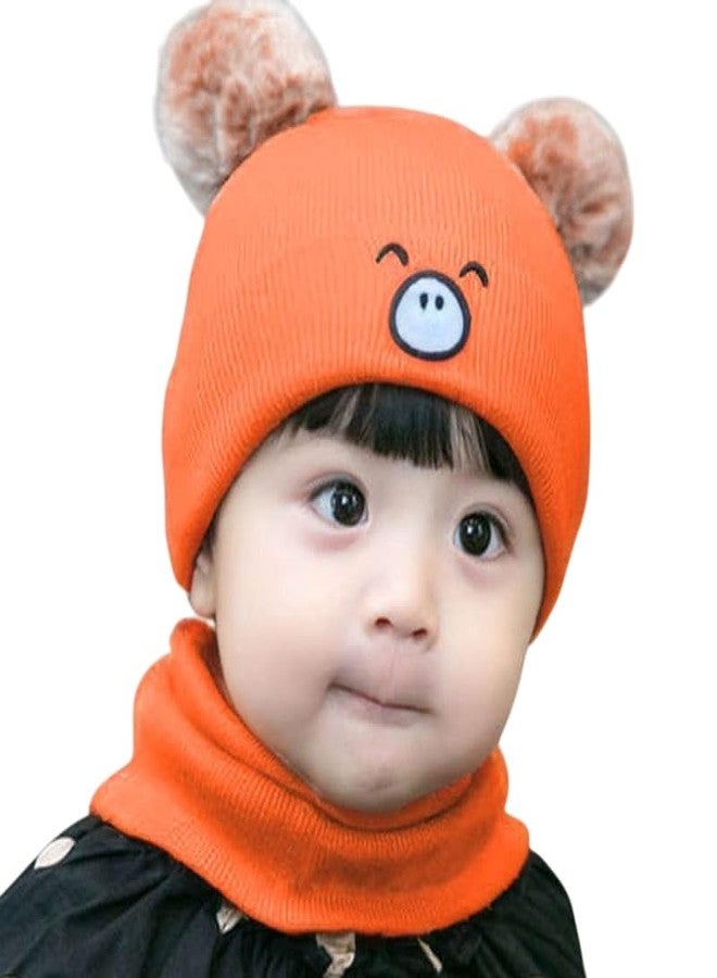 Richmen Kids Winter Beanie Monkey Fur Fleece Cap Hood with Cute Pom Pom Multi Use Woolen Bear Balaclava Neck Warmer Scarf Casual Cap Hat for Girls & Boys (3 Month to 4 Yrs) - Image 1