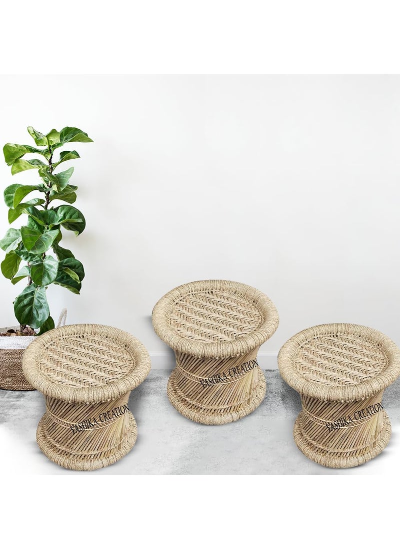 YASHIKA CREATION YASHIKA CREATION Natural Bamboo Mudda Stool with Beige Combo Pack 10 X 13 inches3 Pieces  - Image 1