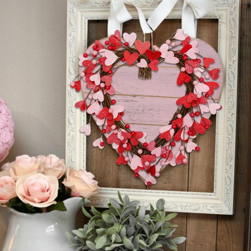 Skrantun 15 Inch Valentine's Day Wreath for Front Door Red Pink Heart Wreaths with Berries Valentine's Day Decorations Valentine's Day Gift for Anniversary Wedding Party Wall Home Indoor Decor - Image 5