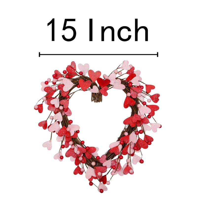 Skrantun 15 Inch Valentine's Day Wreath for Front Door Red Pink Heart Wreaths with Berries Valentine's Day Decorations Valentine's Day Gift for Anniversary Wedding Party Wall Home Indoor Decor - Image 2