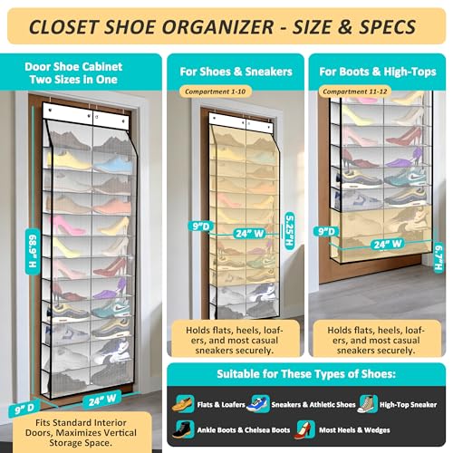 Kotkn 24-Pair Over Door Shoe Organizer for Family & Kids, Double Sided | Hanging Storage for Sneakers, Boots, Toys & Room Organization-Pearl White - Image 2