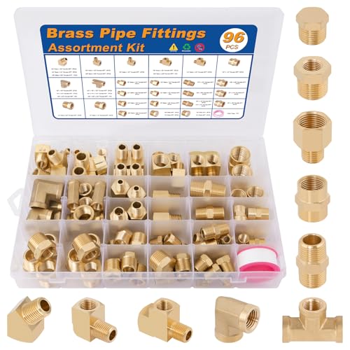 KOOTANS 96PCS Brass Pipe Fittings Assortment Kit - NPT Adapter, Reducer Bushing, Hex Nipple, Coupling, Head Plug, 45 & 90 Degree Barstock Street Elbow, Tee Fittings Kit - Image 1
