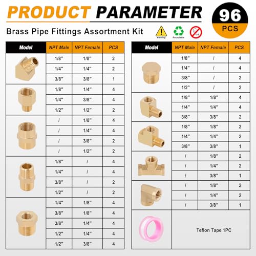 KOOTANS 96PCS Brass Pipe Fittings Assortment Kit - NPT Adapter, Reducer Bushing, Hex Nipple, Coupling, Head Plug, 45 & 90 Degree Barstock Street Elbow, Tee Fittings Kit - Image 3