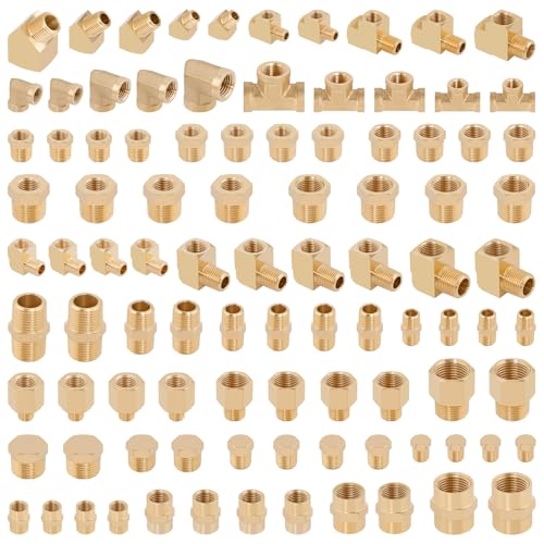 KOOTANS 96PCS Brass Pipe Fittings Assortment Kit - NPT Adapter, Reducer Bushing, Hex Nipple, Coupling, Head Plug, 45 & 90 Degree Barstock Street Elbow, Tee Fittings Kit - Image 2