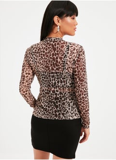 trendyol Brown Leopard Print Fitted/Situated Collar Tulle Stretch Knitted Blouse TWOAW20BZ1008  - Image 5