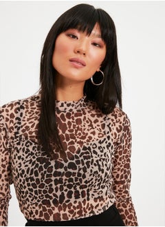 trendyol Brown Leopard Print Fitted/Situated Collar Tulle Stretch Knitted Blouse TWOAW20BZ1008  - Image 2