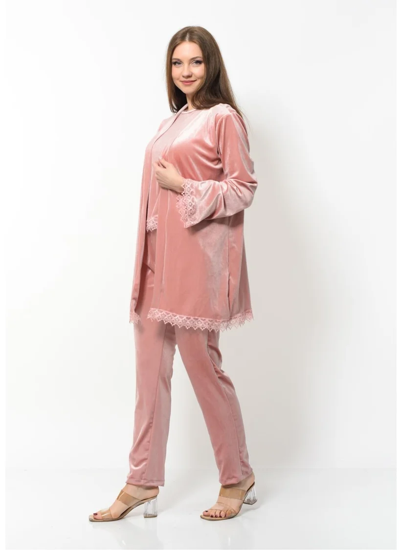 Nuseel Women's Velvet 3-Piece Nightgown Set Powder