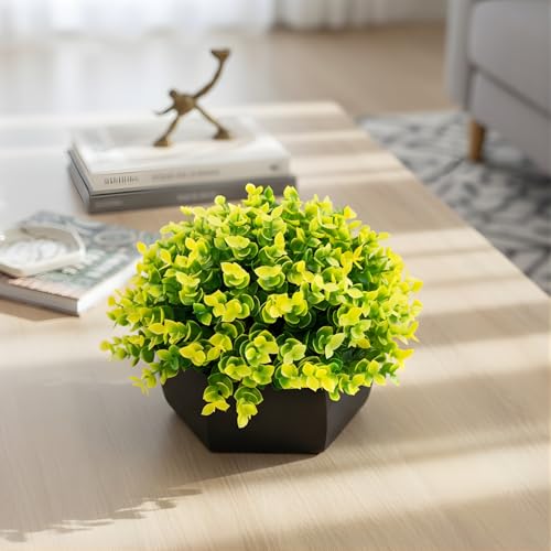 fancymart Artificial Hackleberry Yellow Plant in Wood Hexagon Pot - 15cm Height - Home & Office Decor Elegant Potted Plant for Tabletop Enhancement - Image 1