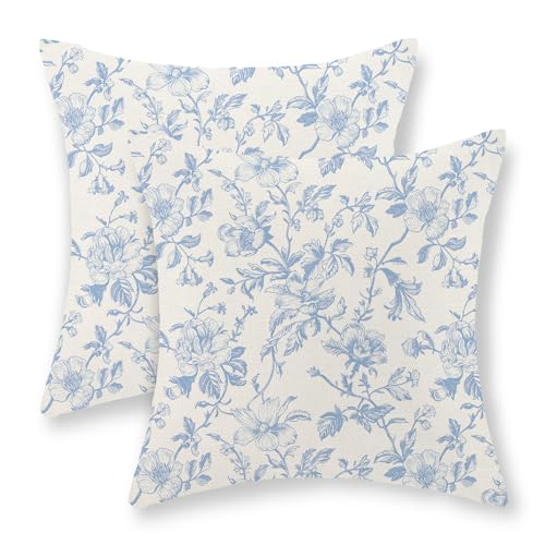 JEFERSO Baby Blue Floral Pillow Covers 18x18 Set of 2 Vintage Rustic Toile Chinoiserie Floral Throw Pillows Blue and Cream Flower Decorative Pillowcase Outdoor Decor Linen Cushion Case for Couch Sofa - Image 1