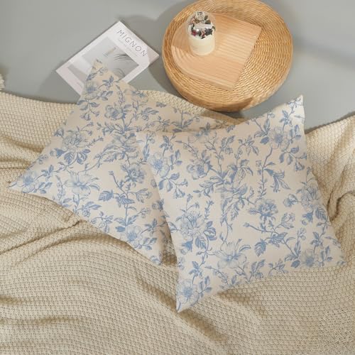 JEFERSO Baby Blue Floral Pillow Covers 18x18 Set of 2 Vintage Rustic Toile Chinoiserie Floral Throw Pillows Blue and Cream Flower Decorative Pillowcase Outdoor Decor Linen Cushion Case for Couch Sofa - Image 5