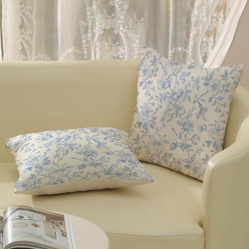 JEFERSO Baby Blue Floral Pillow Covers 18x18 Set of 2 Vintage Rustic Toile Chinoiserie Floral Throw Pillows Blue and Cream Flower Decorative Pillowcase Outdoor Decor Linen Cushion Case for Couch Sofa - Image 4