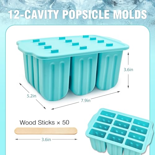 Slomg 12 Pieces Silicone Popsicles Molds Reusable Popsicle Maker Holder with 50 Sticks DIY Ice Cream Cake Pop Mold for Homemade Frozen Dessert Juice Fruit Easy Release Mint Green - Image 3