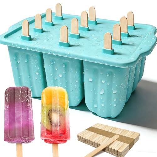 Slomg 12 Pieces Silicone Popsicles Molds Reusable Popsicle Maker Holder with 50 Sticks DIY Ice Cream Cake Pop Mold for Homemade Frozen Dessert Juice Fruit Easy Release Mint Green - Image 1