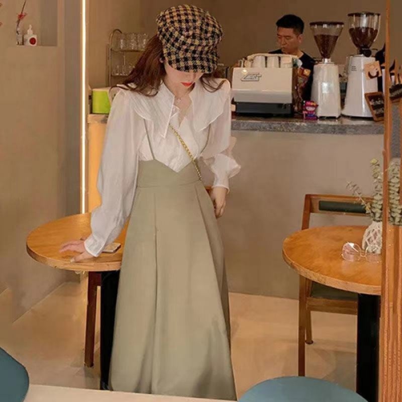 Autumn Chic Tweed Set Women 2023 Retro French Doll Shirt Dress XS513 top 